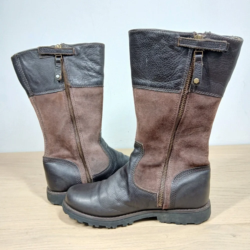 Timberland Boots Girls 3 Brown Leather Buckle Mid Calf Rugged Outdoor Casual